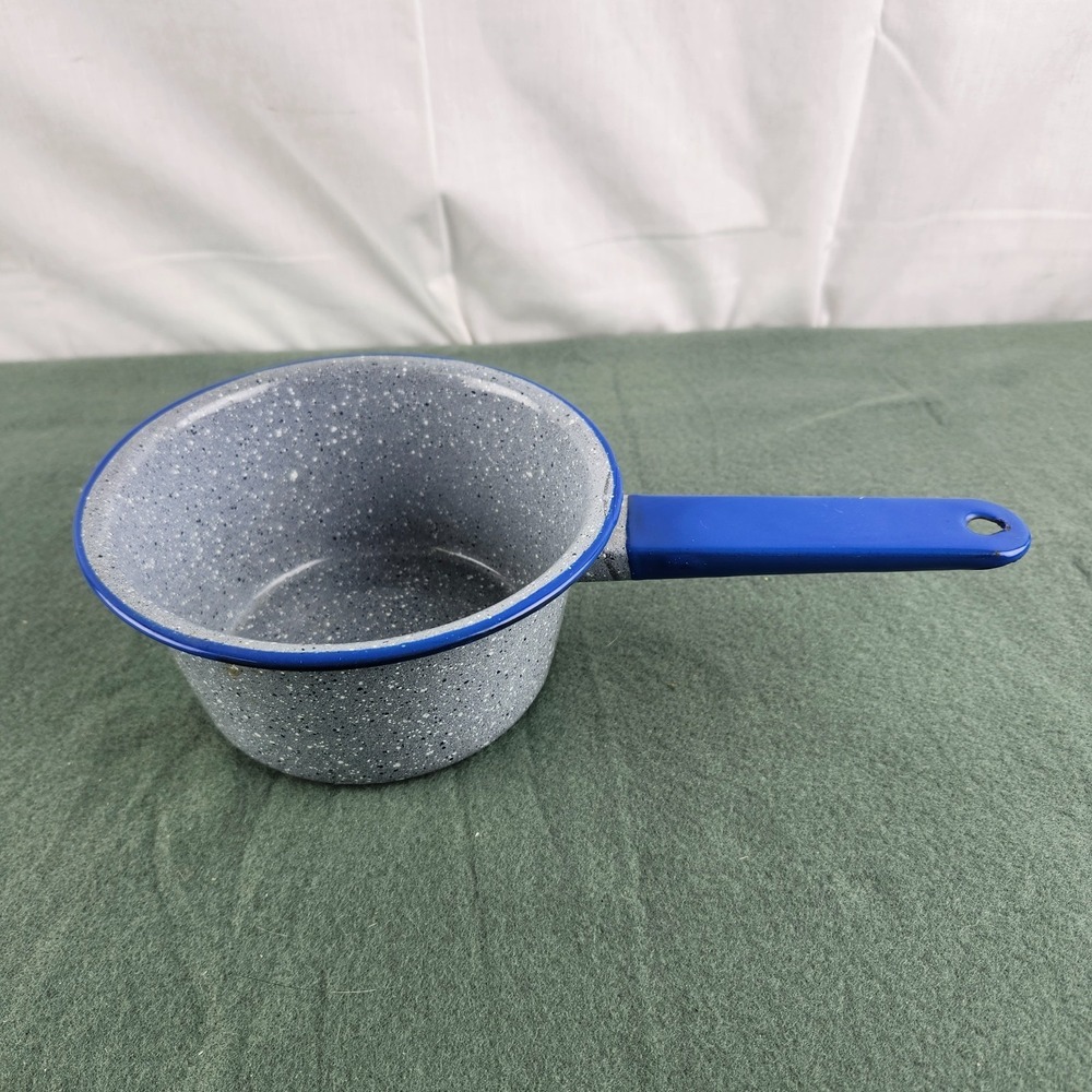 Vintage Enamelware Small Sauce Pan Pot Gray White Speckled Blue Trim Camping